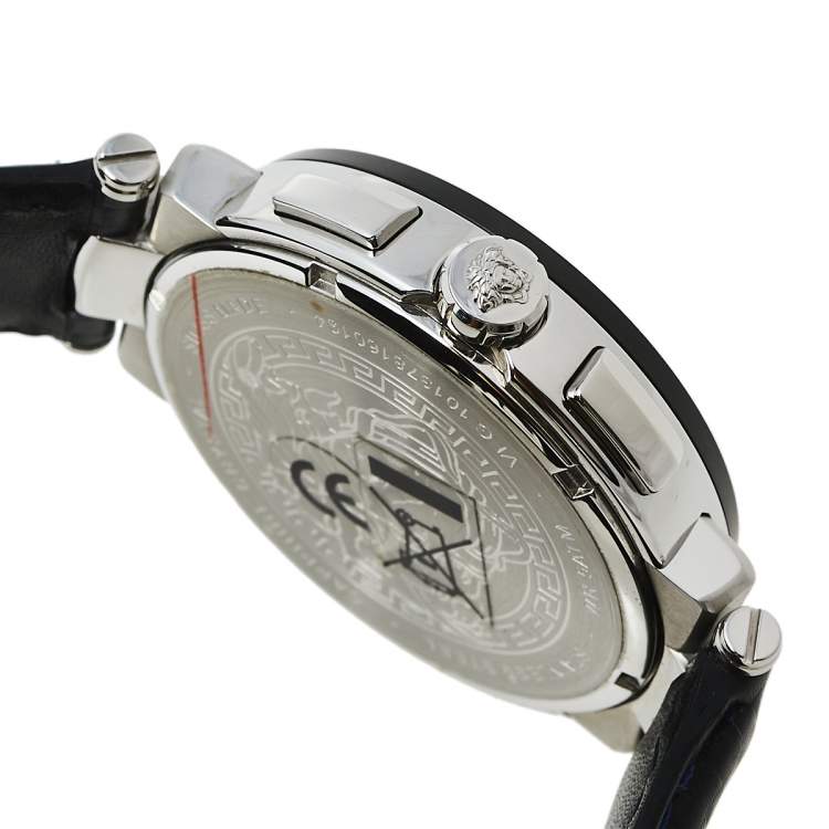 Pre Owned Versace White Stainless Steel Leather Mystique VFG01 0013 Men's Wristwatch 46 mm