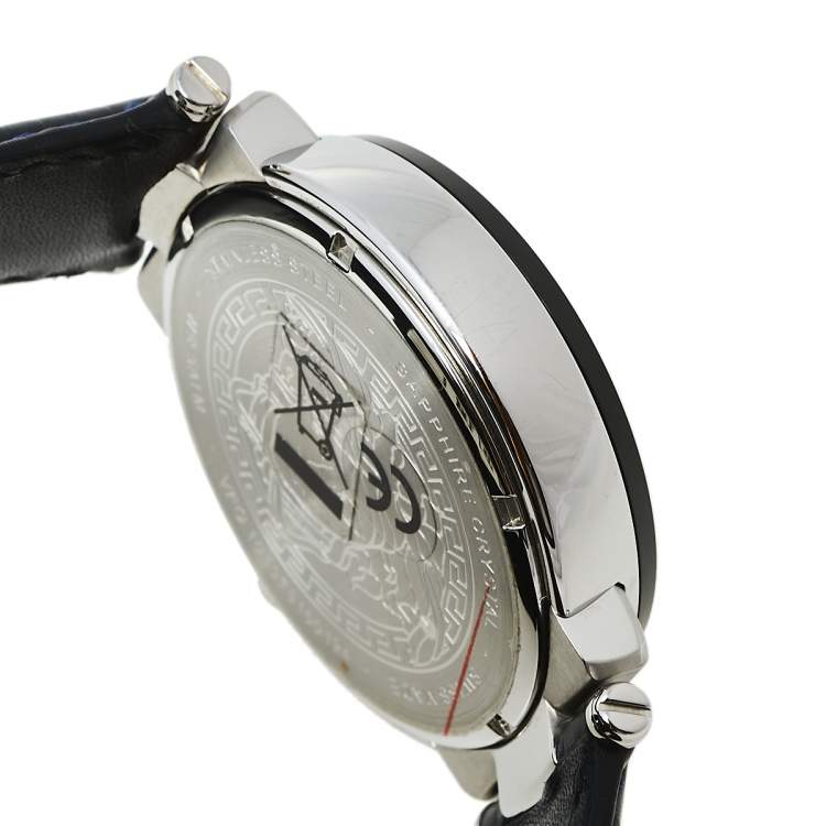 Pre Owned Versace White Stainless Steel Leather Mystique VFG01 0013 Men's Wristwatch 46 mm