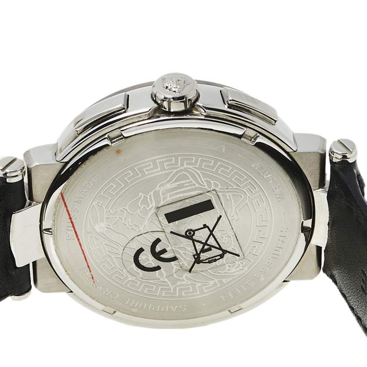 Pre Owned Versace White Stainless Steel Leather Mystique VFG01 0013 Men's Wristwatch 46 mm
