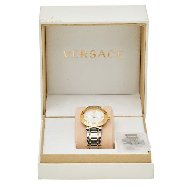 Pre Owned Versace Mother of Pearl Gold Plated Stainless Steel Daphnis V16 Women's Wristwatch 35 MM