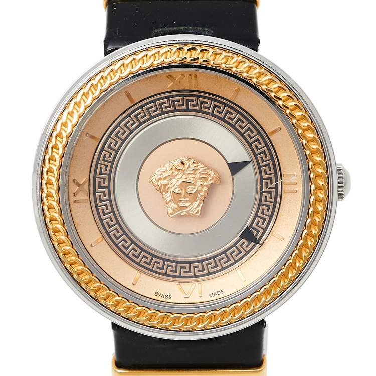 Pre Owned Versace Rose Gold Two-Tone Stainless Steel Leather V-Metal Icon VLC100014 Women's Wristwatch 40 mm