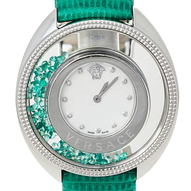 Pre Owned Versace Mother of Pearl Stainless Steel Lizard Destiny Precious 86Q Women's Wristwatch 40 mm