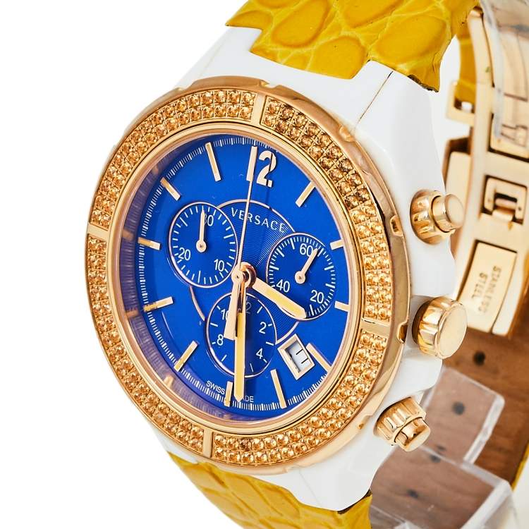 Pre Owned Versace Blue Ceramic & Gold Tone Stainless Steel Leather DV One 28C Women's Wristwatch 42 mm