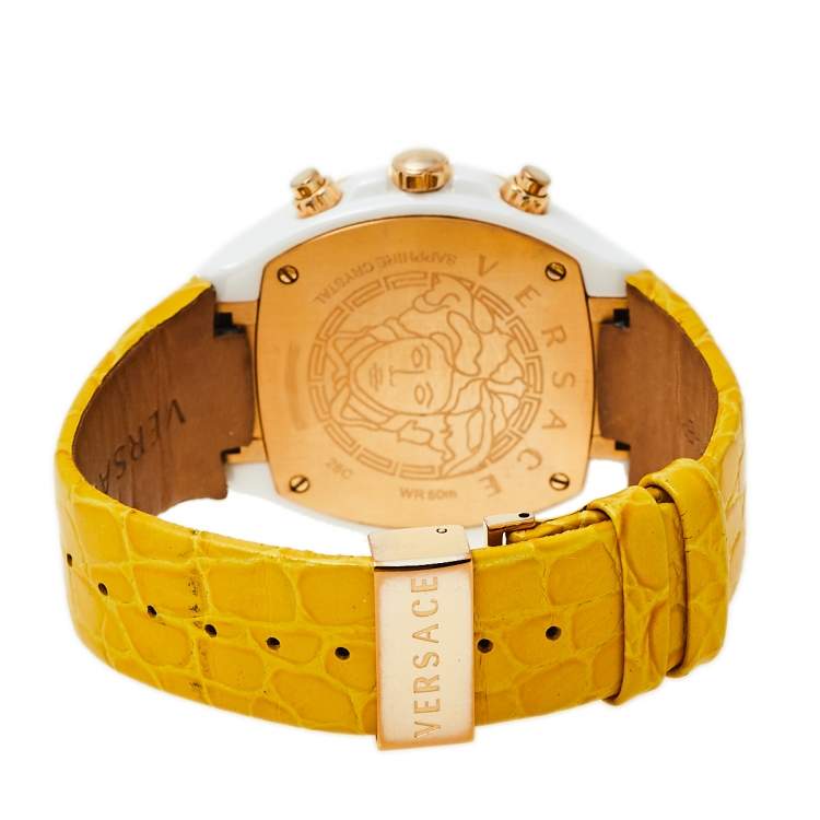 Pre Owned Versace Blue Ceramic & Gold Tone Stainless Steel Leather DV One 28C Women's Wristwatch 42 mm