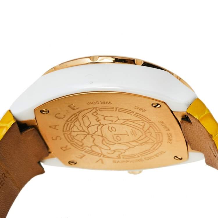Pre Owned Versace Blue Ceramic & Gold Tone Stainless Steel Leather DV One 28C Women's Wristwatch 42 mm