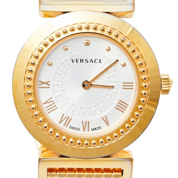 Pre Owned Versace Opaline White Yellow Gold Tone Stainless Steel Vanity P5Q Women's Wristwatch 35 mm