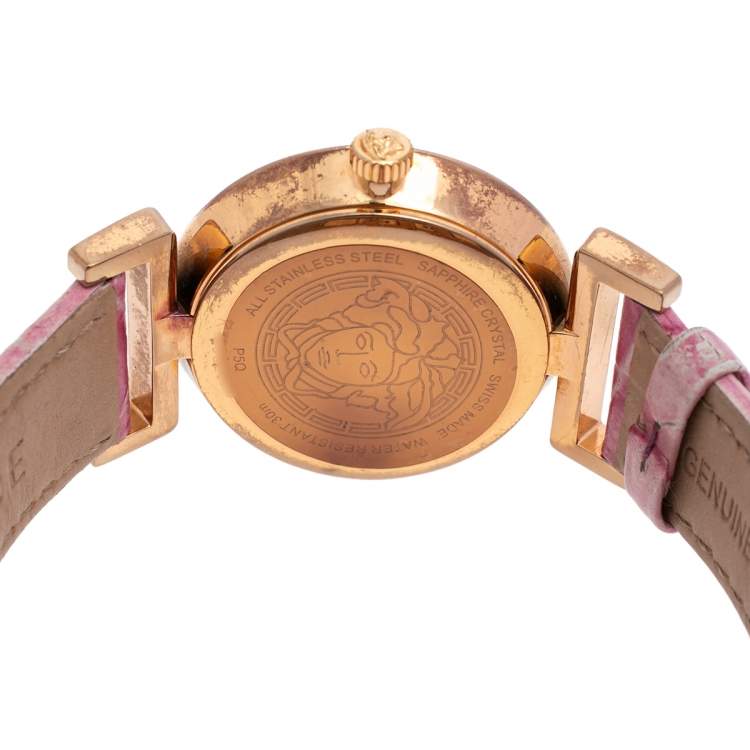 Pre Owned Versace Lilac Gold Plated Stainless Steel Leather Vanity P5Q Women's Wristwatch 35 mm 