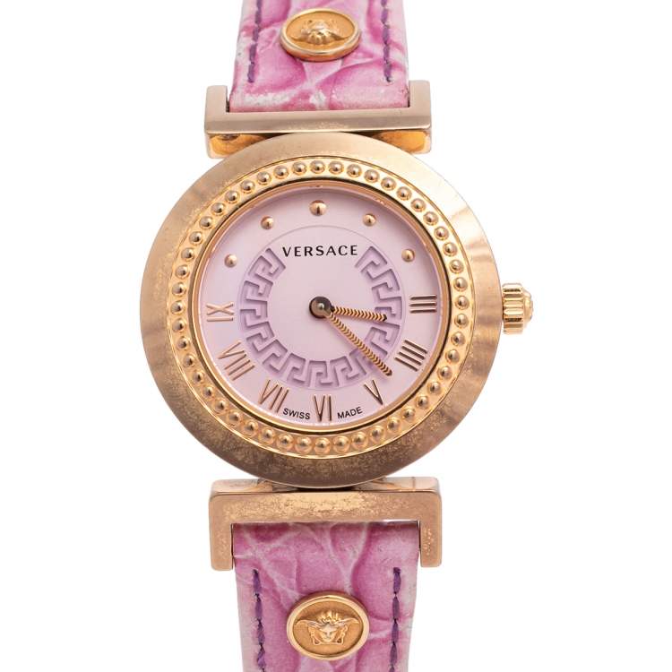 Pre Owned Versace Lilac Gold Plated Stainless Steel Leather Vanity P5Q Women's Wristwatch 35 mm 