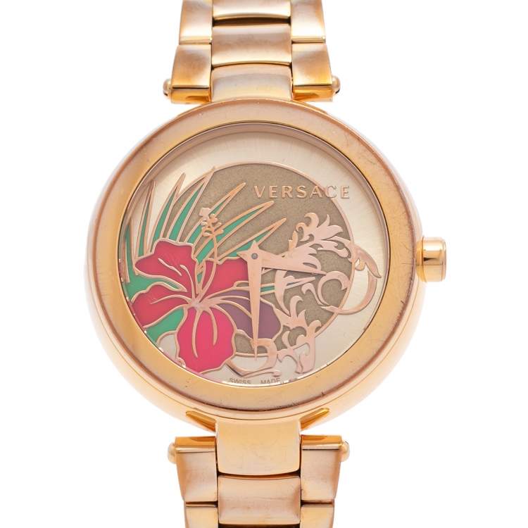 Pre Owned Versace Gold Tone Stainless Steel Mystique Hibiscus I9Q80D2HI-S080 Women's Wristwatch 38 mm