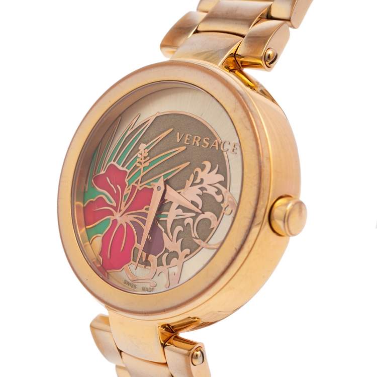 Pre Owned Versace Gold Tone Stainless Steel Mystique Hibiscus I9Q80D2HI-S080 Women's Wristwatch 38 mm