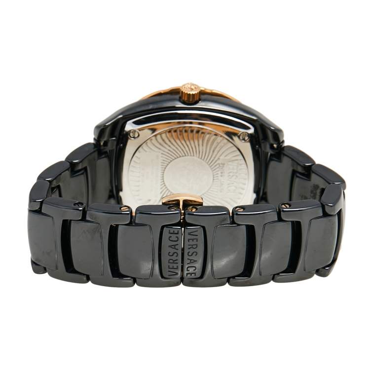 Pre Owned Versace Black Ceramic Rose Gold Stainless Steel Diamonds DV One Glamour 63Q Men's Wristwatch 34 mm