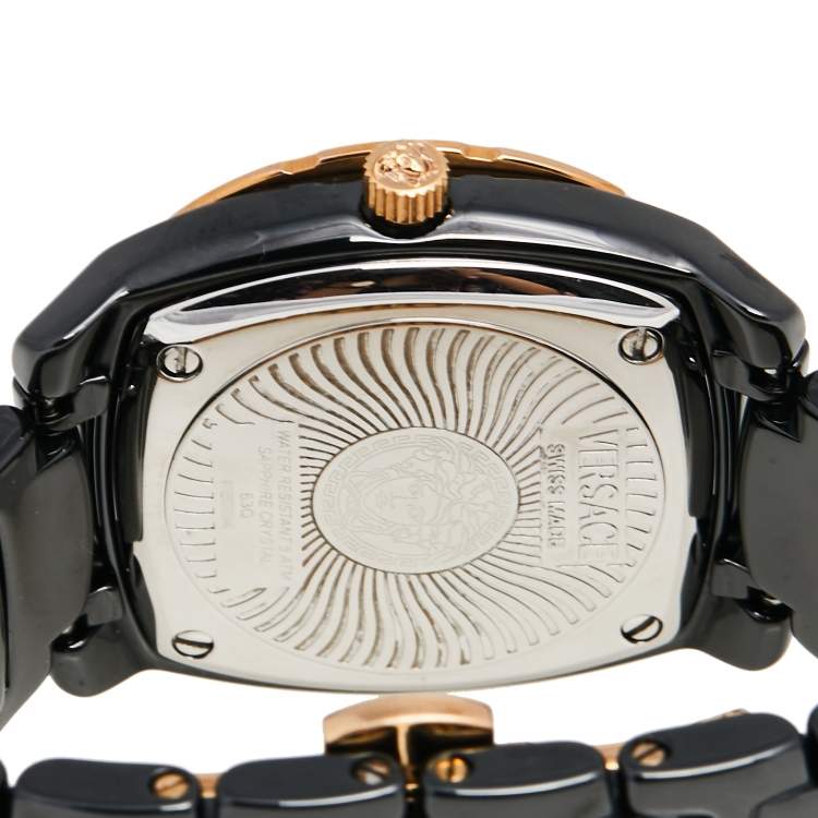 Pre Owned Versace Black Ceramic Rose Gold Stainless Steel Diamonds DV One Glamour 63Q Men's Wristwatch 34 mm