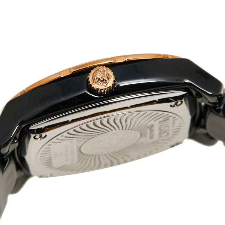 Pre Owned Versace Black Ceramic Rose Gold Stainless Steel Diamonds DV One Glamour 63Q Men's Wristwatch 34 mm