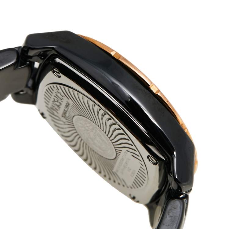 Pre Owned Versace Black Ceramic Rose Gold Stainless Steel Diamonds DV One Glamour 63Q Men's Wristwatch 34 mm