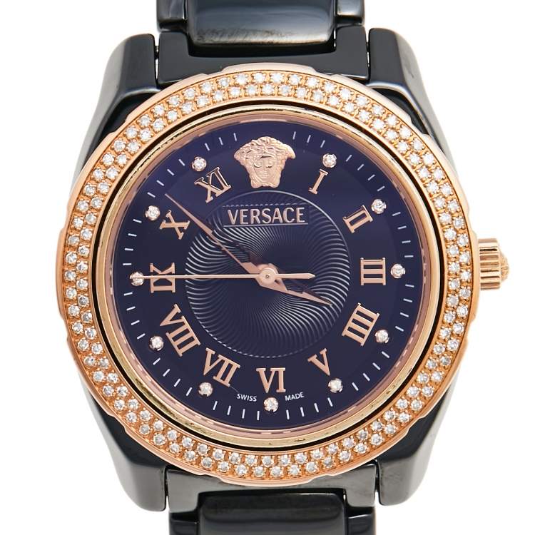 Pre Owned Versace Black Ceramic Rose Gold Stainless Steel Diamonds DV One Glamour 63Q Men's Wristwatch 34 mm