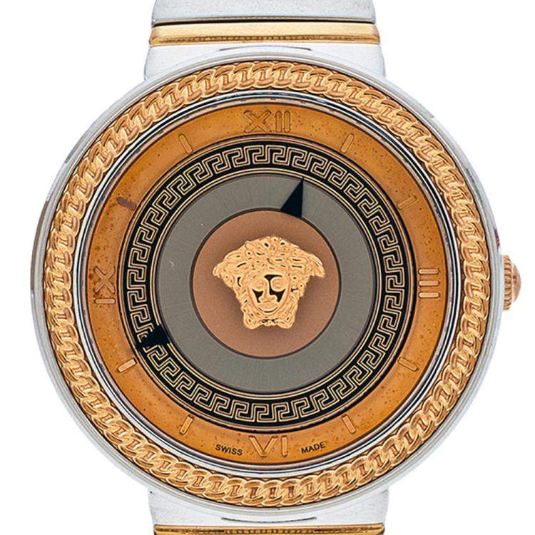 Pre Owned Versace Rose Gold Two-Tone Stainless Steel Leather V-Metal Icon VLC100014 Women's Wristwatch 40 mm