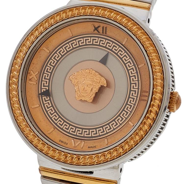 Pre Owned Versace Rose Gold Two-Tone Stainless Steel Leather V-Metal Icon VLC100014 Women's Wristwatch 40 mm