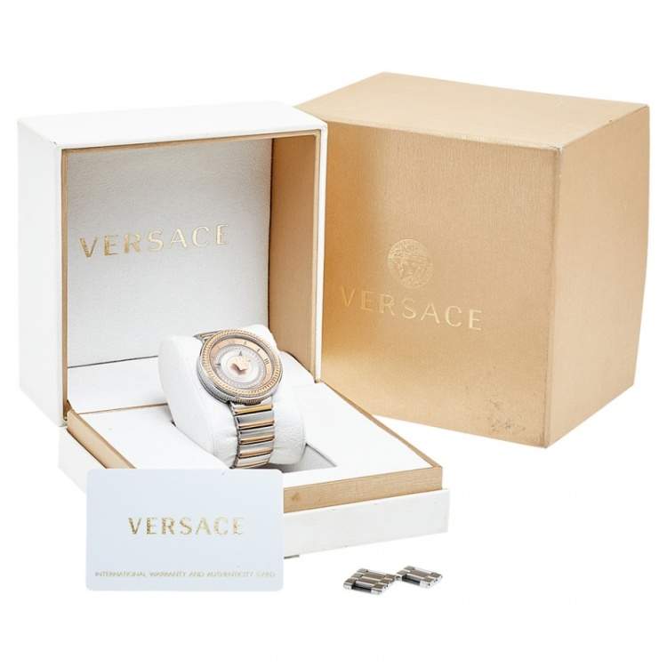 Pre Owned Versace Rose Gold Two-Tone Stainless Steel Leather V-Metal Icon VLC100014 Women's Wristwatch 40 mm
