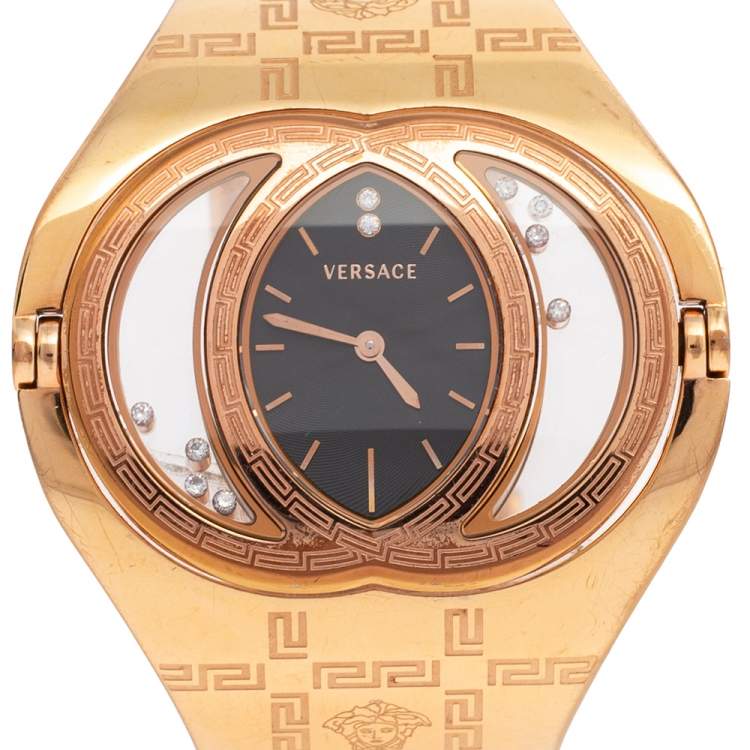 Pre Owned Versace Black Rose Gold Plated Stainless Steel Eclissi 73Q Women's Wristwatch 39 mm