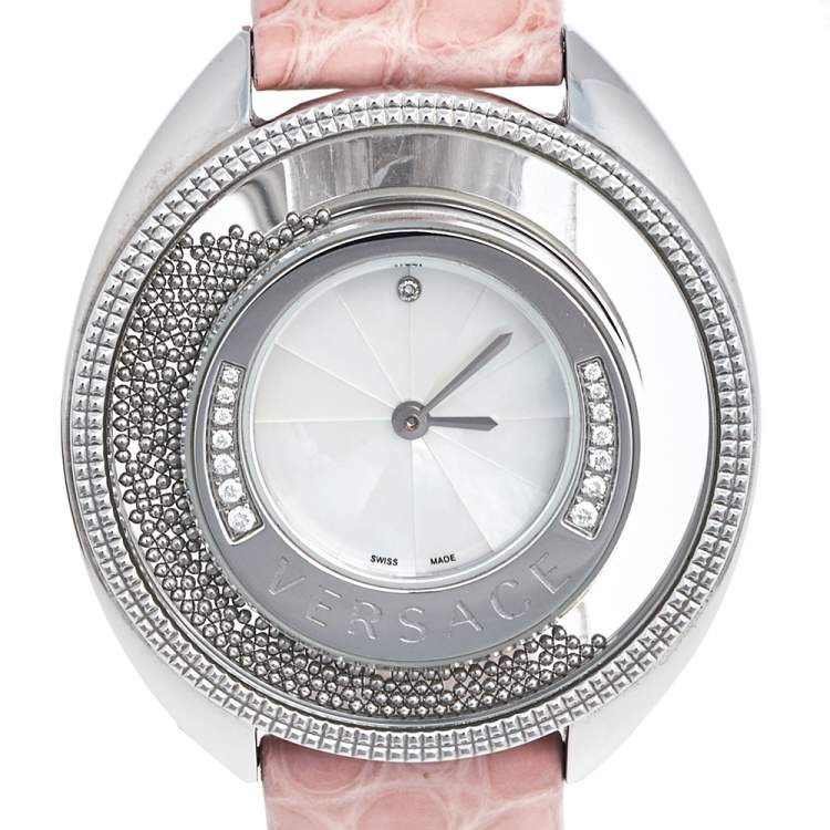 Pre Owned Versace Mother of Pearl Stainless Steel Leather Destiny Spirit 86Q91D498 women's Wristwatch 36 mm