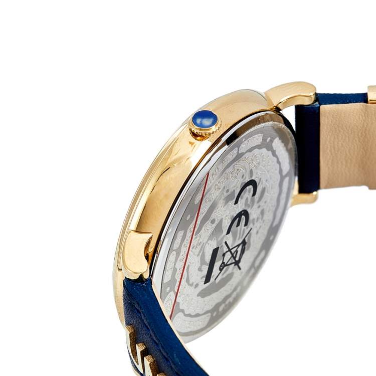 Pre Owned Versace Blue Gold Plated Stainless Steel Leather V-Circle VBP09 0017 Women's Wristwatch 38 mm
