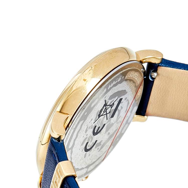 Pre Owned Versace Blue Gold Plated Stainless Steel Leather V-Circle VBP09 0017 Women's Wristwatch 38 mm