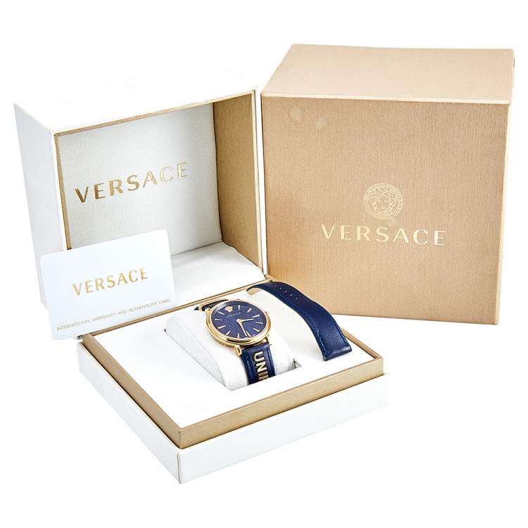 Pre Owned Versace Blue Gold Plated Stainless Steel Leather V-Circle VBP09 0017 Women's Wristwatch 38 mm