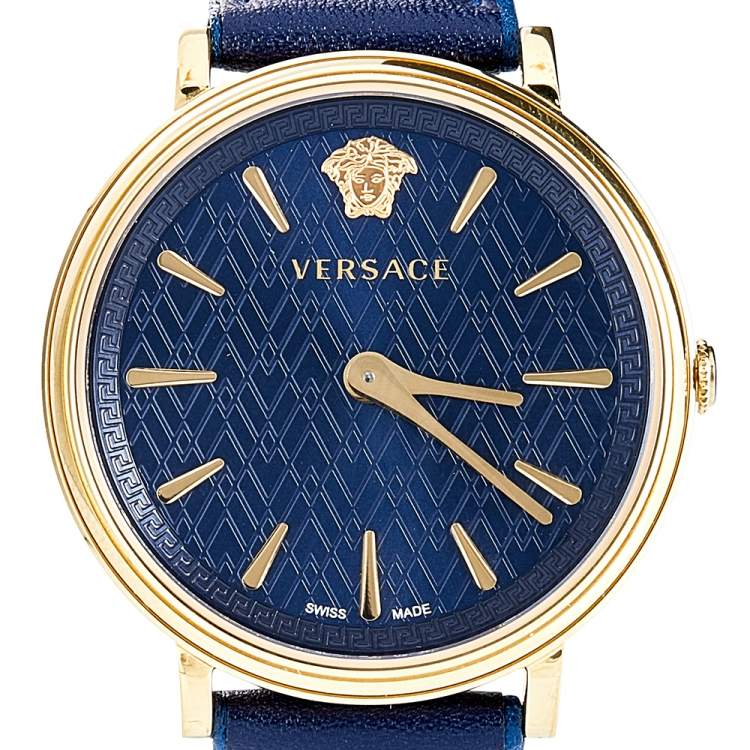 Pre Owned Versace Blue Gold Plated Stainless Steel Leather V-Circle VBP09 0017 Women's Wristwatch 38 mm