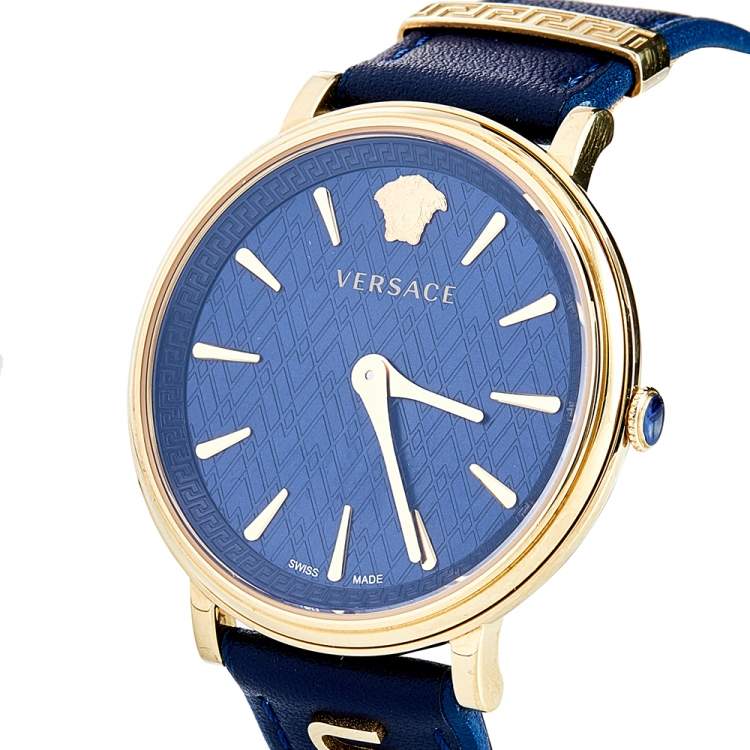 Pre Owned Versace Blue Gold Plated Stainless Steel Leather V-Circle VBP09 0017 Women's Wristwatch 38 mm