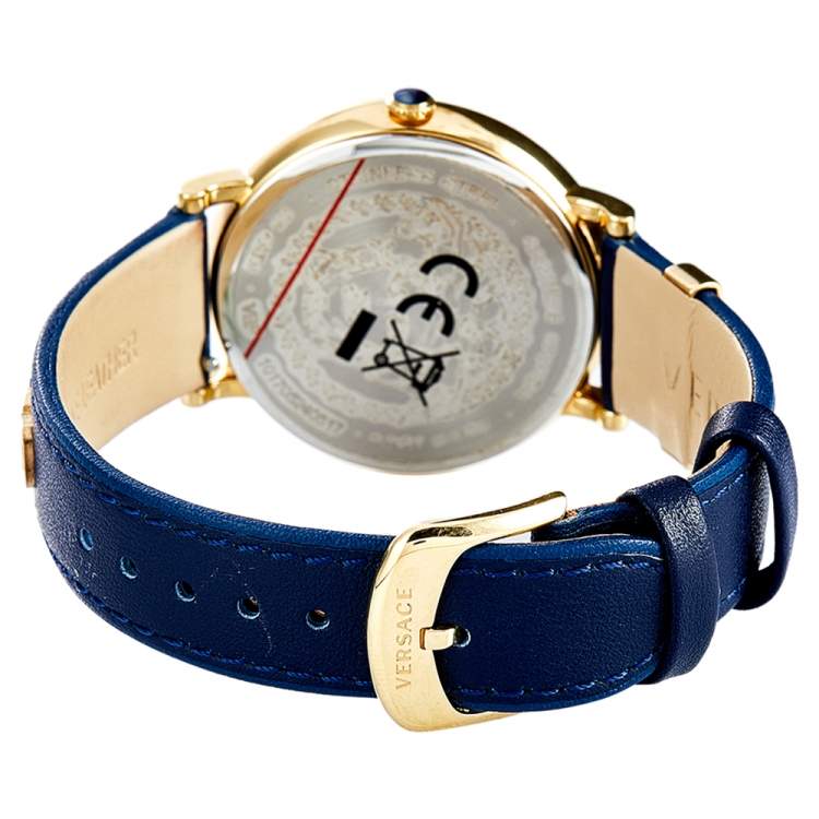 Pre Owned Versace Blue Gold Plated Stainless Steel Leather V-Circle VBP09 0017 Women's Wristwatch 38 mm