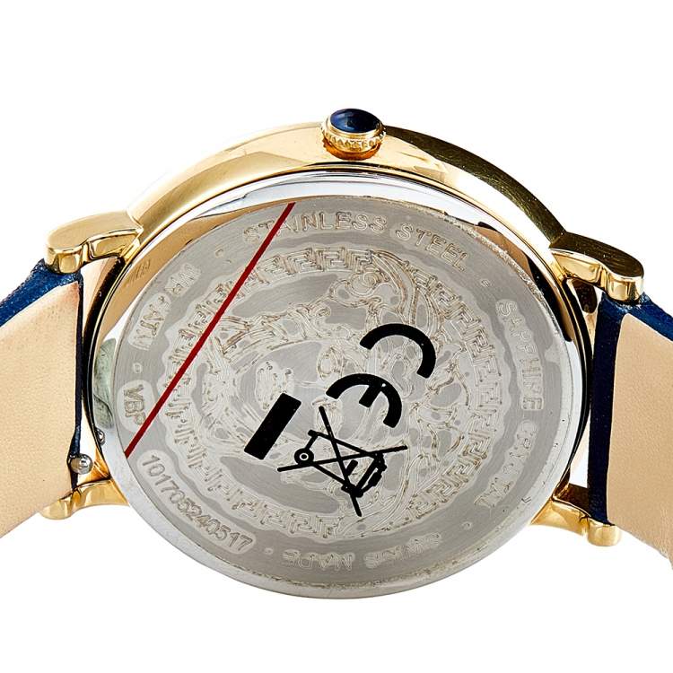 Pre Owned Versace Blue Gold Plated Stainless Steel Leather V-Circle VBP09 0017 Women's Wristwatch 38 mm