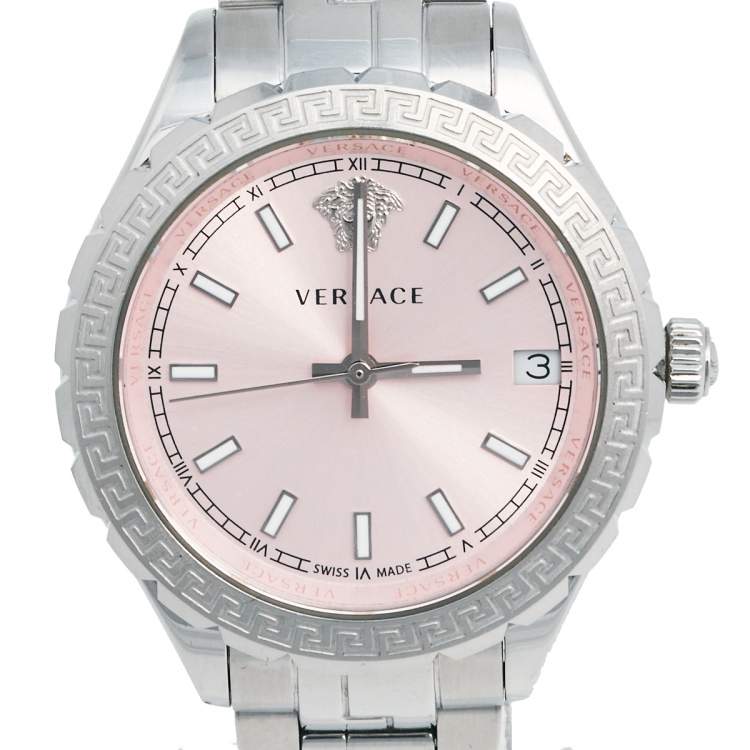Pre Owned Versace Pink Stainless Steel Hellenyium V12010015 Women's Wristwatch 35 mm