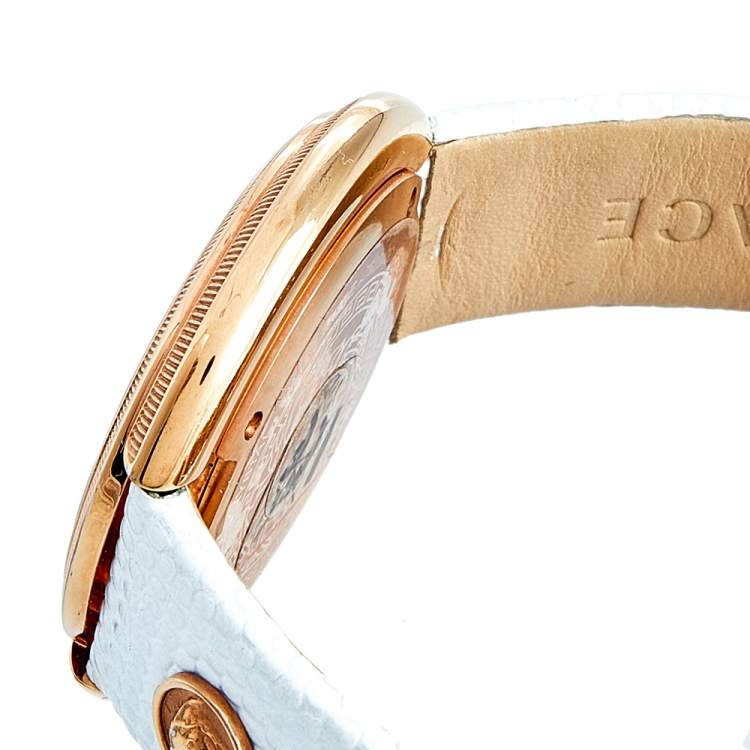 Pre Owned Versace White Mother of Pearl Rose Gold Plated Stainless Steel Thea A7Q Women's Wristwatch 39 mm