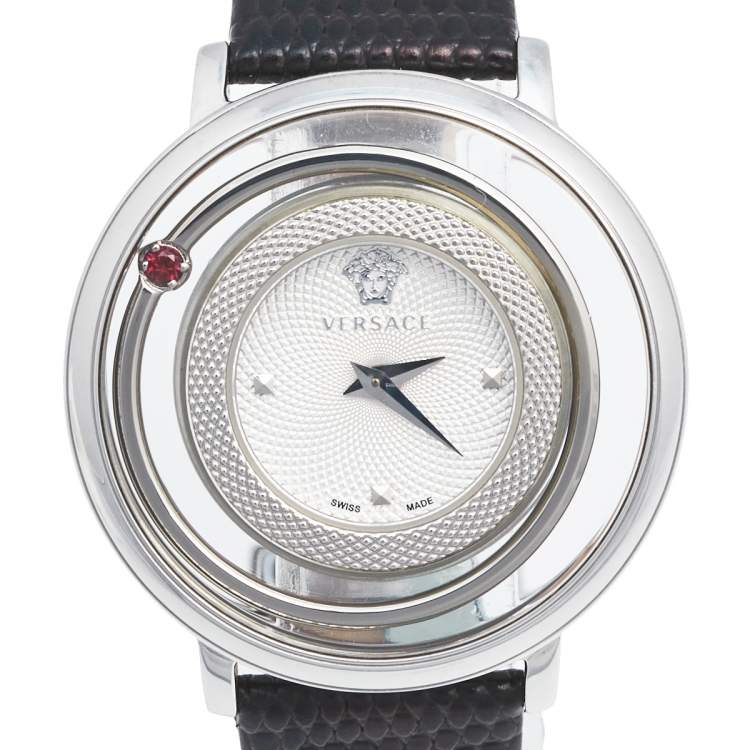 Pre Owned Versace Silver Stainless Steel Leather Venus VFH Women's Wristwatch 39 mm