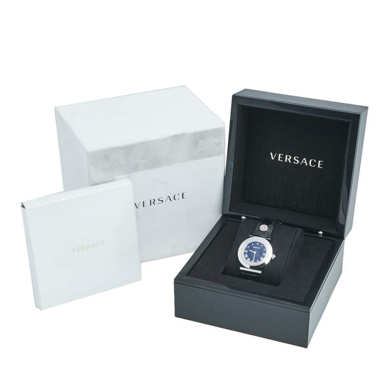 Pre Owned Versace Black Stainless Steel Leather Vanity P5Q Women's Wristwatch 35 mm