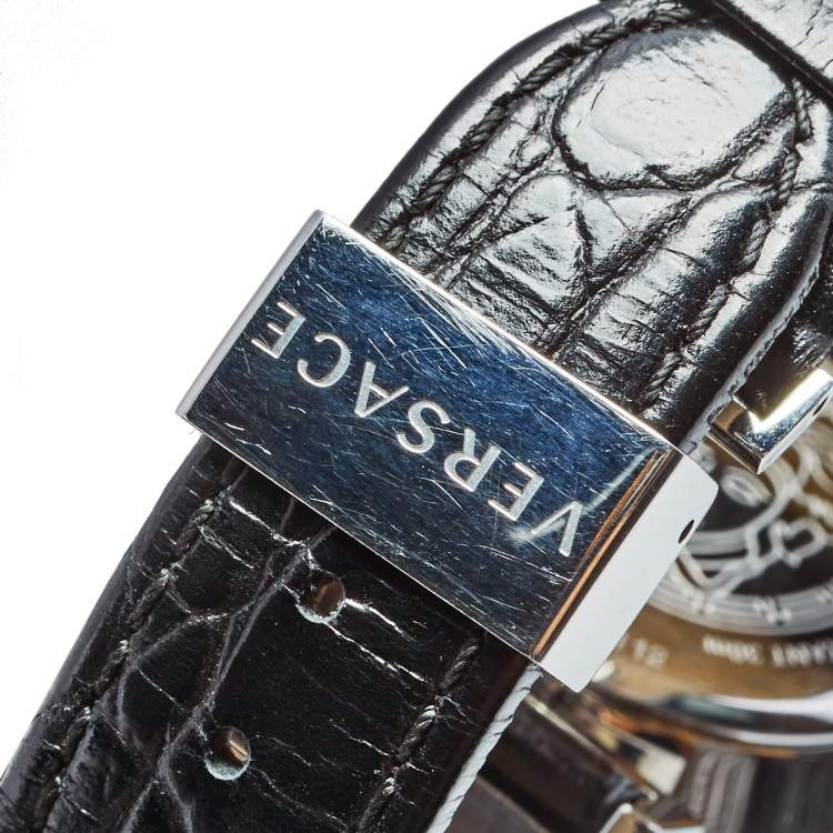 Pre Owned Versace Black Stainless Steel Leather Vanity P5Q Women's Wristwatch 35 mm