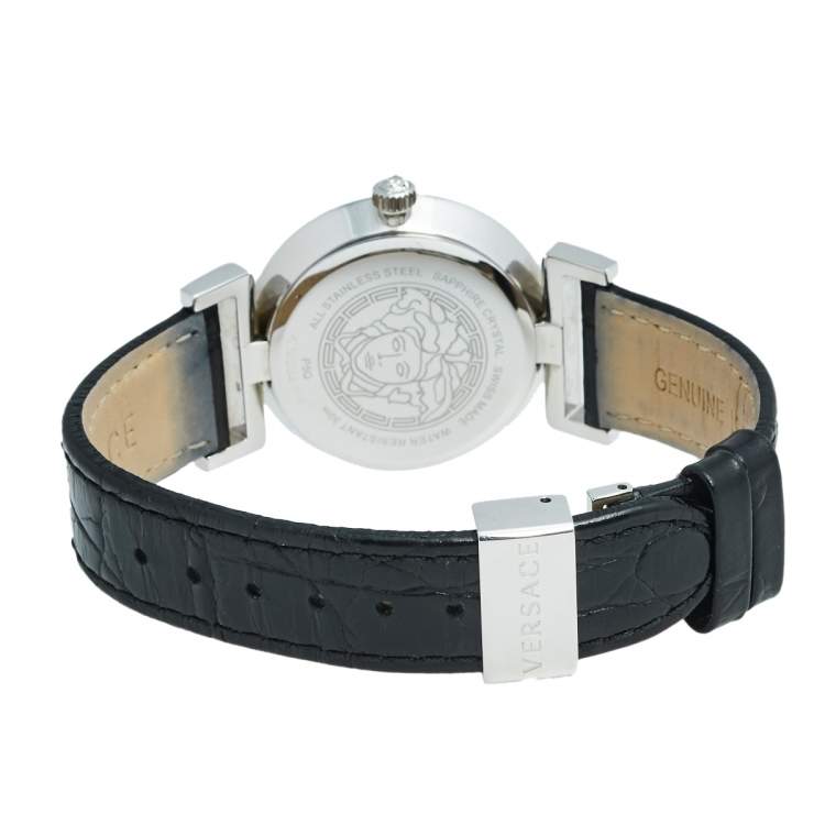 Pre Owned Versace Black Stainless Steel Leather Vanity P5Q Women's Wristwatch 35 mm