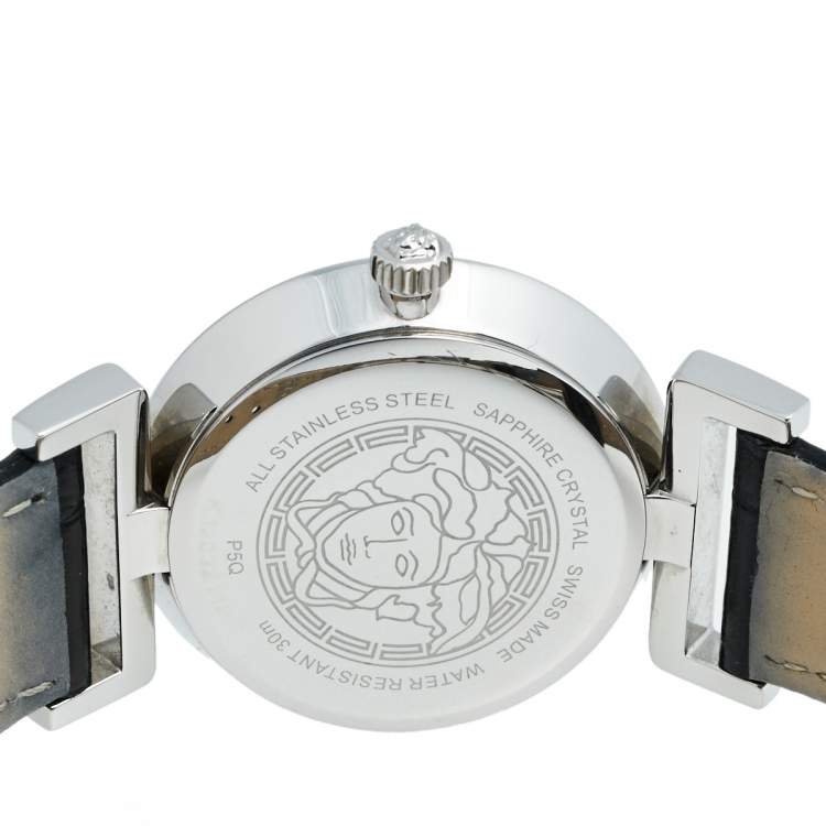 Pre Owned Versace Black Stainless Steel Leather Vanity P5Q Women's Wristwatch 35 mm