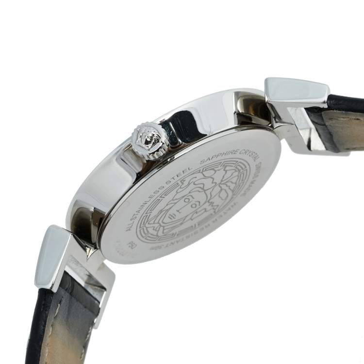 Pre Owned Versace Black Stainless Steel Leather Vanity P5Q Women's Wristwatch 35 mm