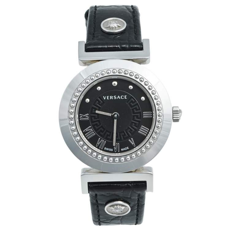 Versace Black Stainless Steel Leather Vanity P5Q Women's Wristwatch 35 ...