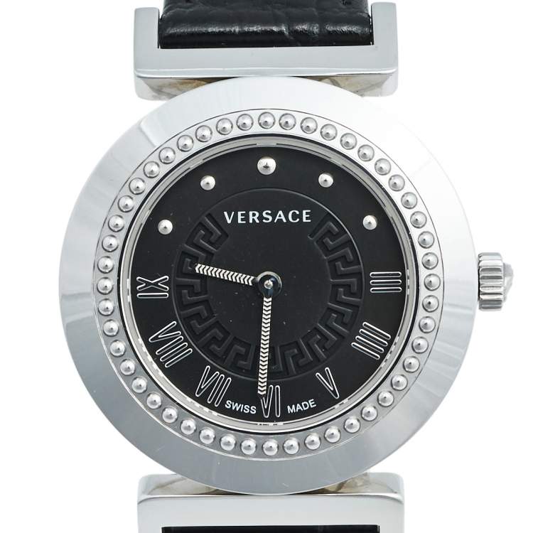 Pre Owned Versace Black Stainless Steel Leather Vanity P5Q Women's Wristwatch 35 mm