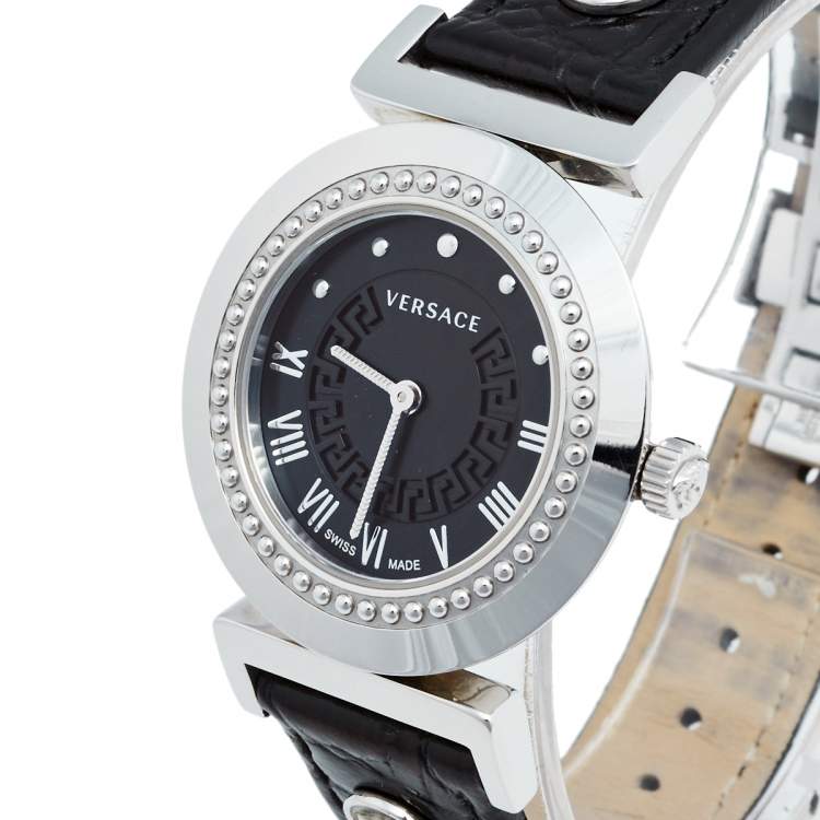 Pre Owned Versace Black Stainless Steel Leather Vanity P5Q Women's Wristwatch 35 mm