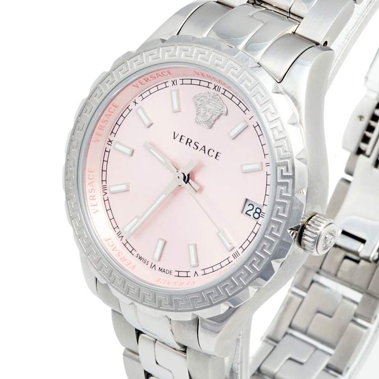 Pre Owned Versace Pink Stainless Steel Hellenyium V12010015 Women's Wristwatch 35 mm