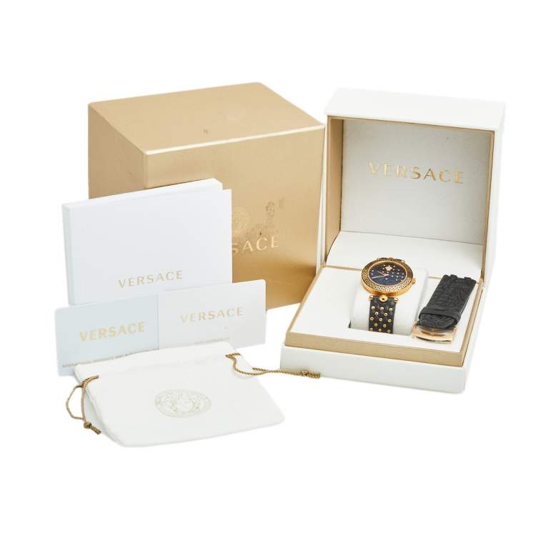 مملوكة مسبقًا Versace Black Rose Plated Stainless Steel Leather Vanitas VK7070013 Women's Wristwatch 40 mm 