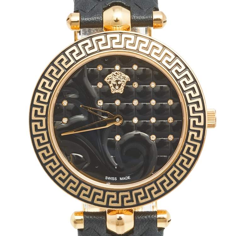 مملوكة مسبقًا Versace Black Rose Plated Stainless Steel Leather Vanitas VK7070013 Women's Wristwatch 40 mm 