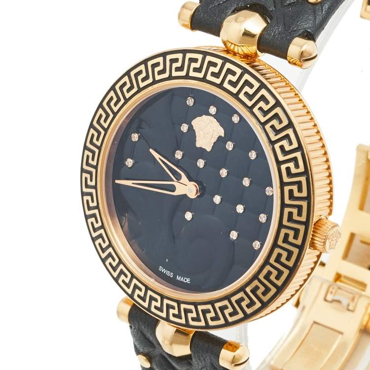 مملوكة مسبقًا Versace Black Rose Plated Stainless Steel Leather Vanitas VK7070013 Women's Wristwatch 40 mm 