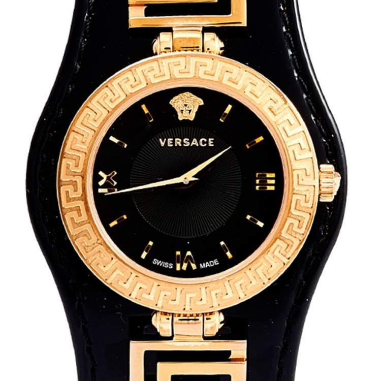 Pre Owned Versace Black Rose Gold Plated Stainless Steel Leather V-Signature VLA020014 Women's Wristwatch 35 mm 