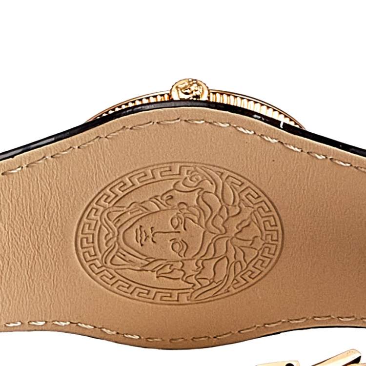 Pre Owned Versace Black Rose Gold Plated Stainless Steel Leather V-Signature VLA020014 Women's Wristwatch 35 mm 