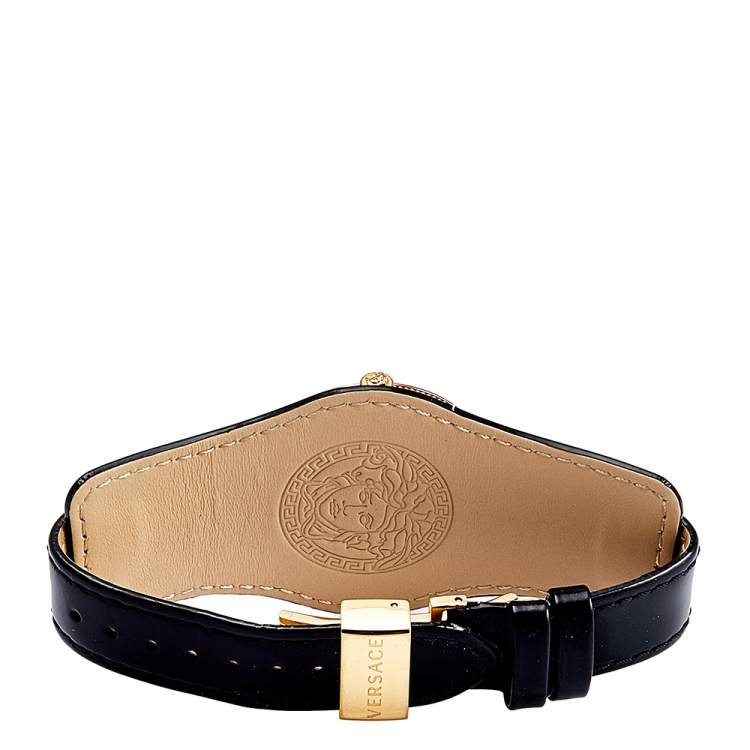 Pre Owned Versace Black Rose Gold Plated Stainless Steel Leather V-Signature VLA020014 Women's Wristwatch 35 mm 