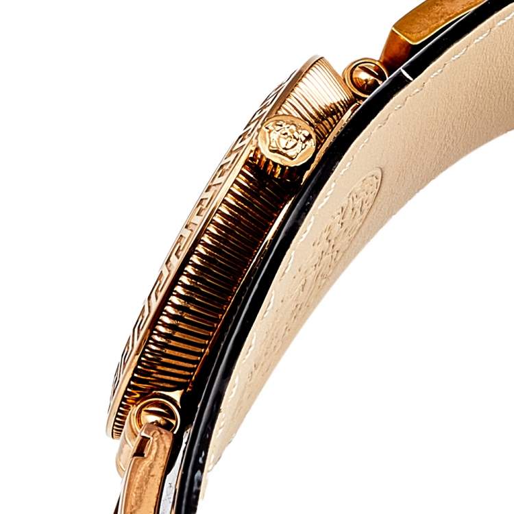 Pre Owned Versace Black Rose Gold Plated Stainless Steel Leather V-Signature VLA020014 Women's Wristwatch 35 mm 